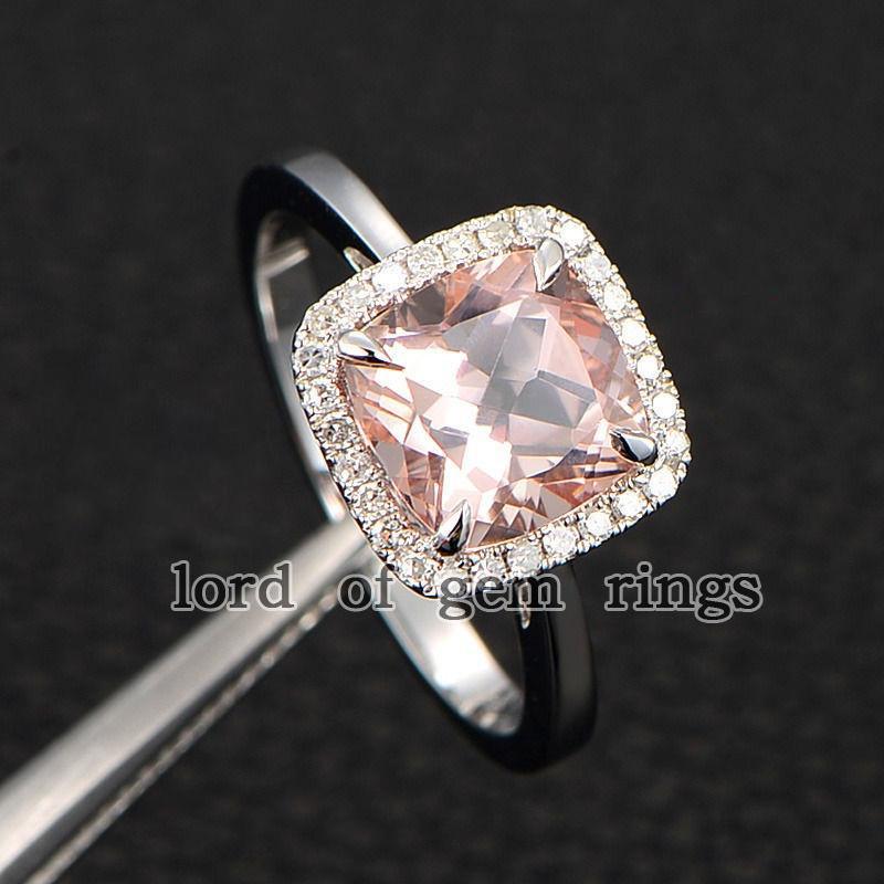Cushion Morganite Ring Diamond Halo 14k Rose Gold - Lord of Gem Rings