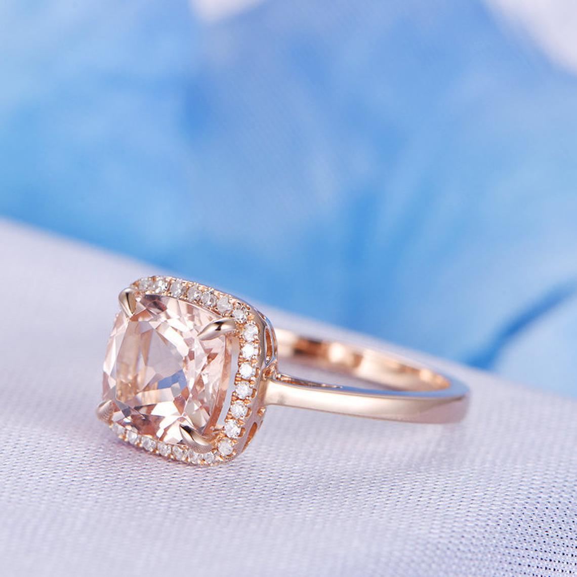 Cushion Morganite Ring Diamond Halo 14k Rose Gold - Lord of Gem Rings