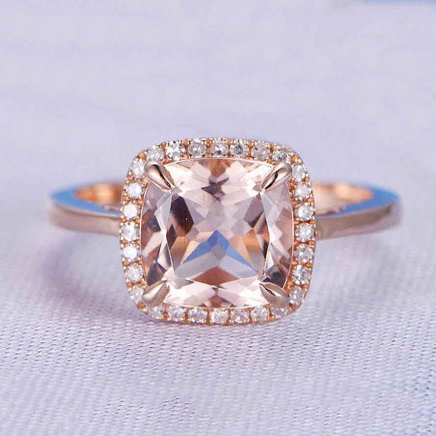 Cushion Morganite Ring Diamond Halo 14k Rose Gold - Lord of Gem Rings