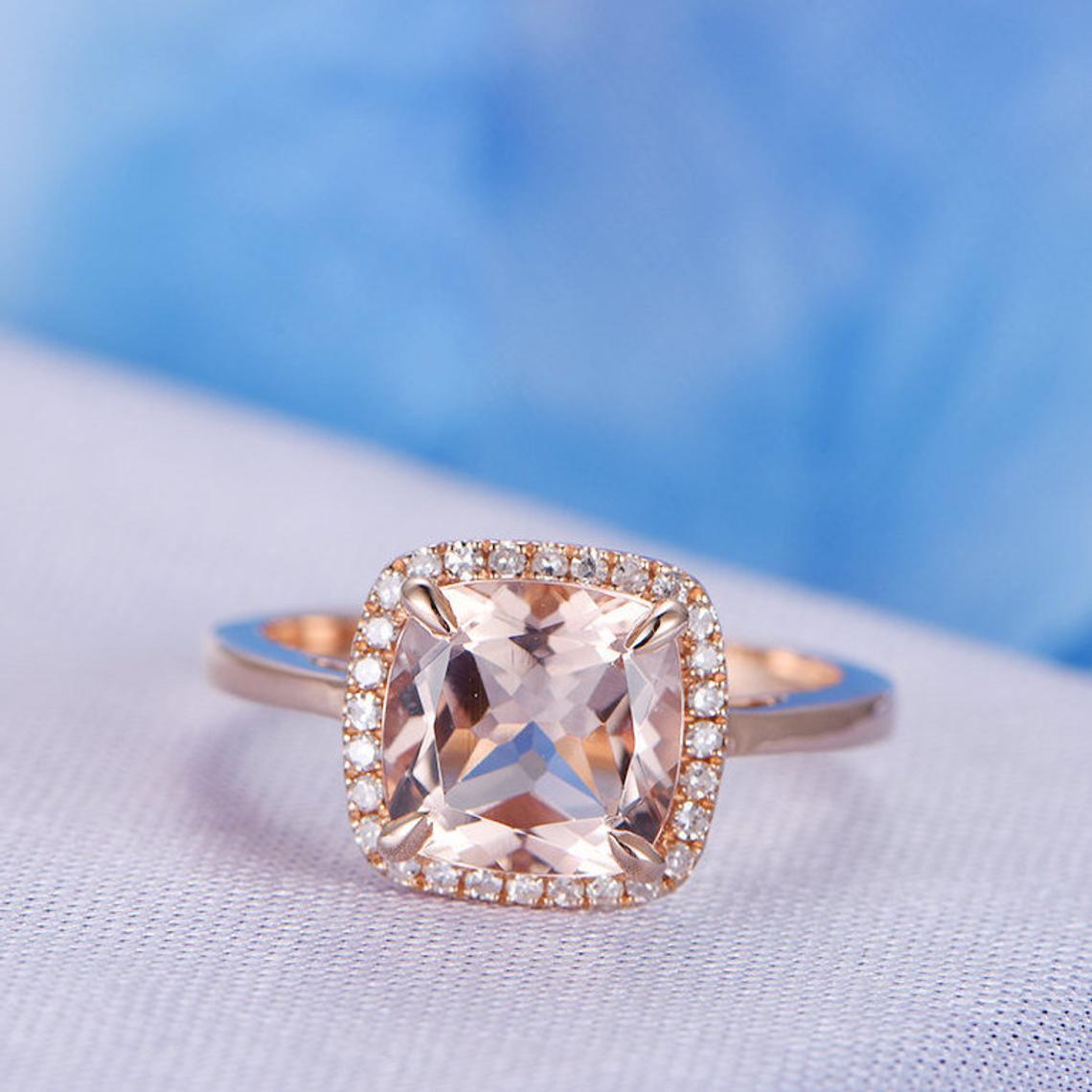 Cushion Morganite Ring Diamond Halo 14k Rose Gold - Lord of Gem Rings