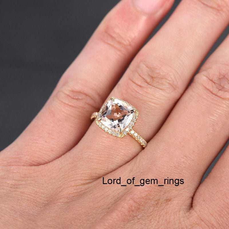 Cushion Morganite Ring Diamond Halo Hidden Accents 14K Yellow Gold - Lord of Gem Rings