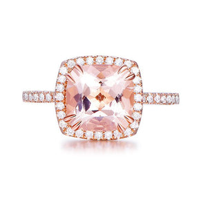 Cushion Morganite Ring FULL CUT Diamond Halo 14K Rose Gold, Double Prong Set - Lord of Gem Rings