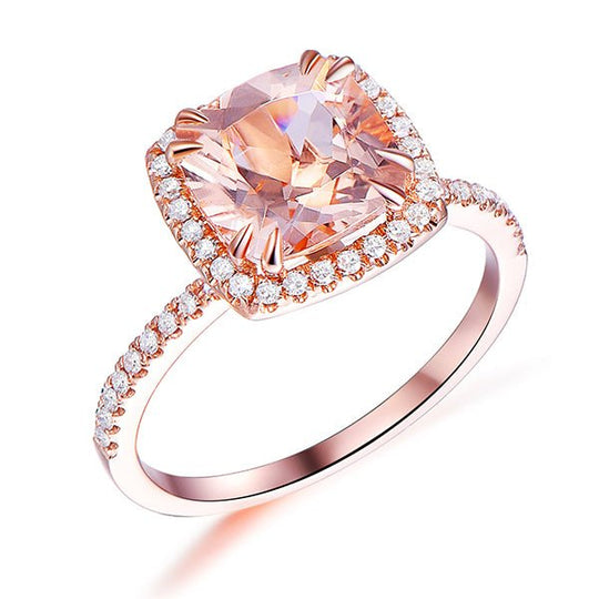 2.4ct Cushion Morganite Halo Ring 14K Gold, Double Prong Set