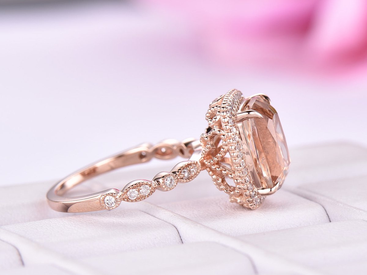 Cushion Morganite Ring Milgrain Under Gallery 14K Rose Gold - Lord of Gem Rings