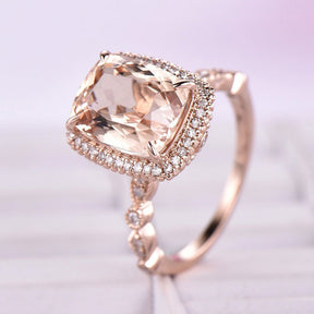 Cushion Morganite Ring Milgrain Under Gallery 14K Rose Gold - Lord of Gem Rings