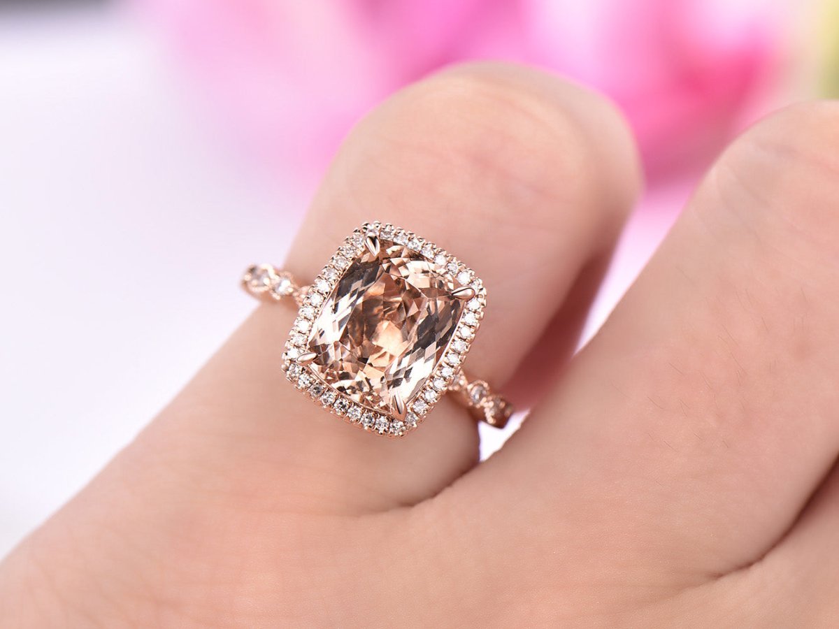 Cushion Morganite Ring Milgrain Under Gallery 14K Rose Gold - Lord of Gem Rings