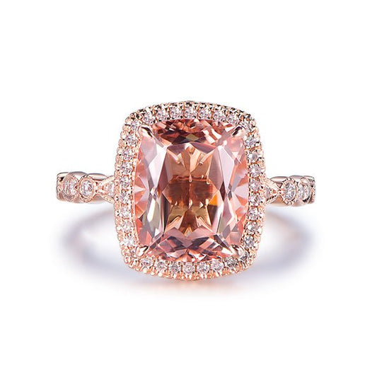 3.2ct Cushion Morganite Ring Milgrain Under Gallery 14K Gold