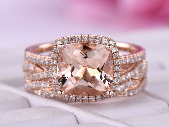 3ct Cushion Morganite Trio Bridal Set Infinite love 14K Gold