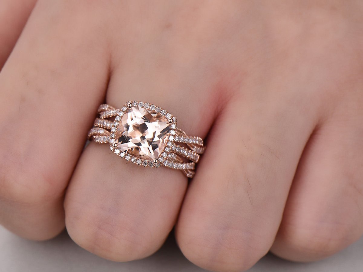 Cushion Morganite Trio Bridal Set Infinite love diamond bands - Lord of Gem Rings