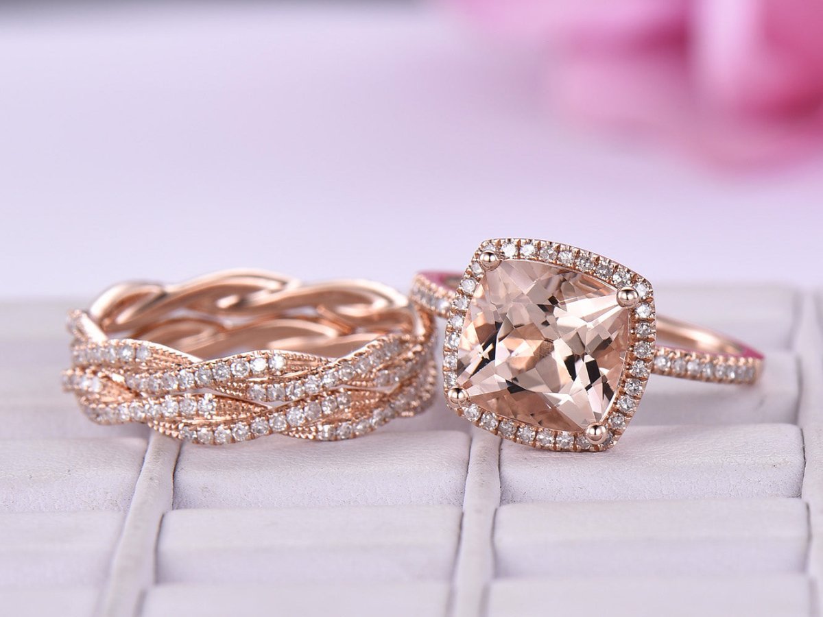 Cushion Morganite Trio Bridal Set Infinite love diamond bands - Lord of Gem Rings