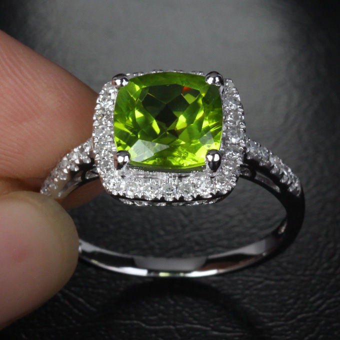 Cushion Peridot Accents Diamond Halo Cathedral Ring - Lord of Gem Rings