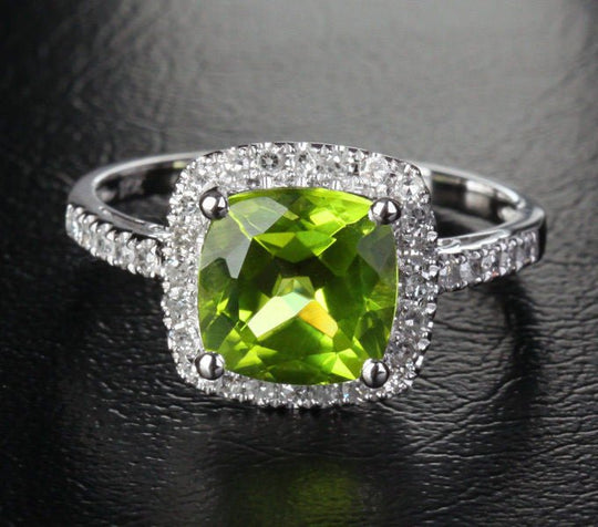 Cushion Peridot Accents Diamond Halo Cathedral Ring