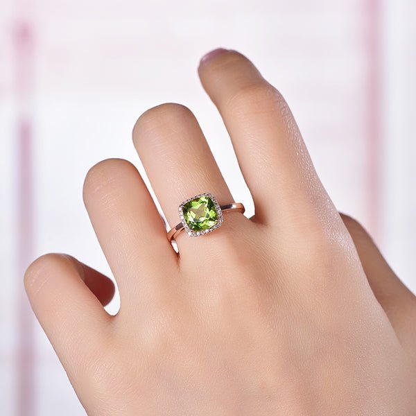 Cushion Peridot Diamond Halo Engagement Ring 14K White Gold - Lord of Gem Rings