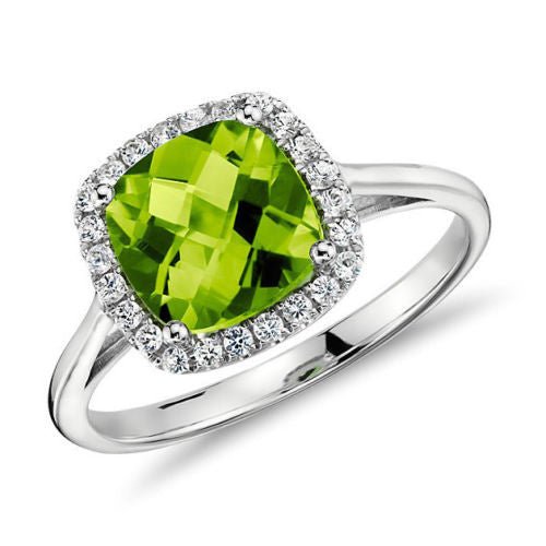 Cushion Peridot Diamond Halo Engagement Ring 14K White Gold - Lord of Gem Rings