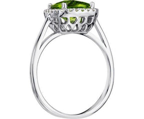 Cushion Peridot Diamond Halo Engagement Ring 14K White Gold - Lord of Gem Rings