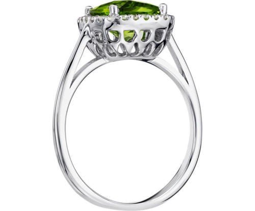 Cushion Peridot Diamond Halo Engagement Ring 14K White Gold - Lord of Gem Rings