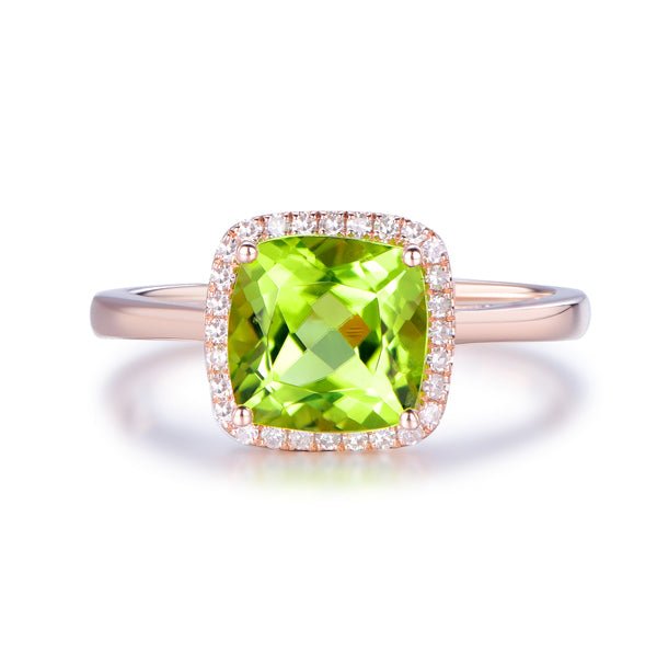 Cushion Peridot Diamond Halo Engagement Ring 14K White Gold - Lord of Gem Rings