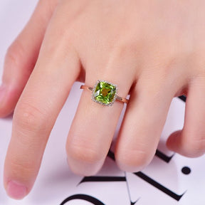 Cushion Peridot Diamond Halo Engagement Ring 14K White Gold - Lord of Gem Rings