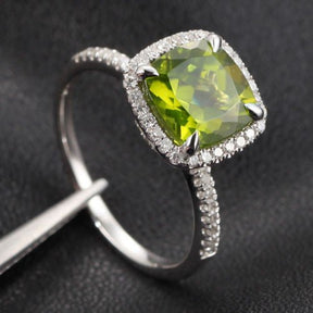 Cushion Peridot Diamond Halo Hidden Accents Engagement Ring - Lord of Gem Rings