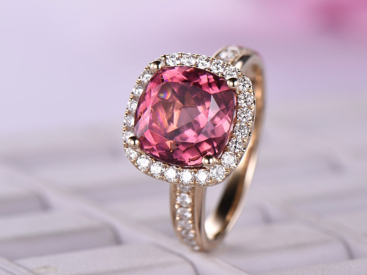 Cushion Pink Tourmaline Diamond Halo Engagement Ring 14K Yellow Gold - Lord of Gem Rings