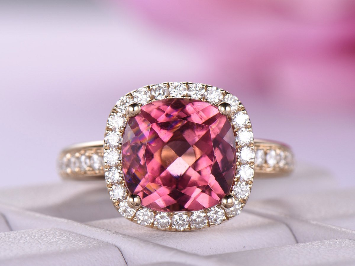 Cushion Pink Tourmaline Diamond Halo Engagement Ring 14K Yellow Gold - Lord of Gem Rings