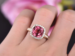 Cushion Pink Tourmaline Diamond Halo Engagement Ring 14K Yellow Gold - Lord of Gem Rings