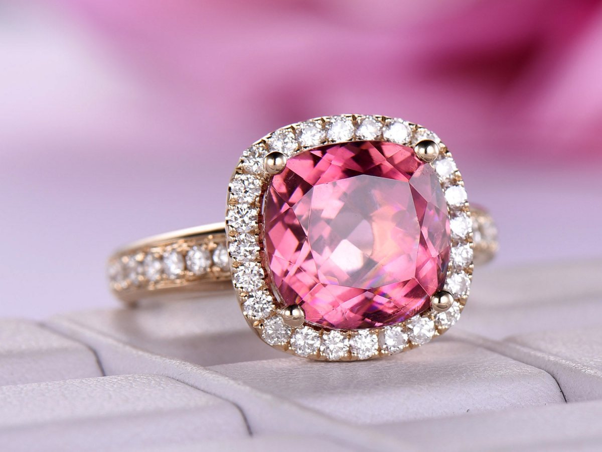 Cushion Pink Tourmaline Diamond Halo Engagement Ring 14K Yellow Gold - Lord of Gem Rings