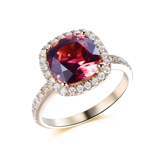 Cushion Pink Tourmaline Engagement Diamond Halo Ring 14K Gold