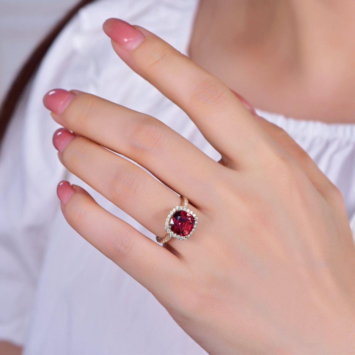 Cushion Pink Tourmaline Engagement Diamond Halo Ring 14K Gold - Lord of Gem Rings