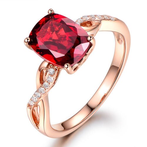 Cushion Red Garnet Diamond Crossover Ring 14K Rose Gold