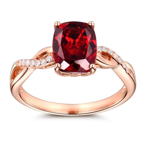 Cushion Red Garnet Diamond Crossover Ring 14K Rose Gold - Lord of Gem Rings