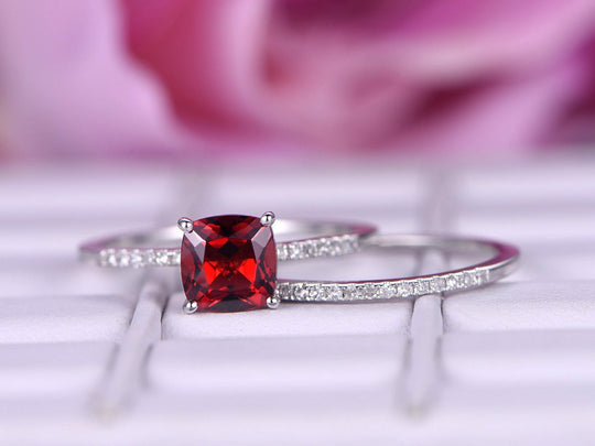 Cushion Ruby & Diamond Bridal Set 14K White Gold