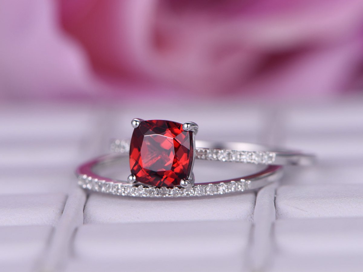 Cushion Ruby & Diamond Bridal Set 14K White Gold - Lord of Gem Rings