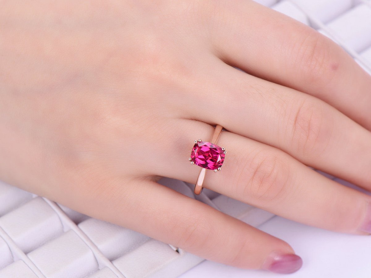 Cushion Ruby Solitaire Engagement Ring 14K Rose Gold - Lord of Gem Rings