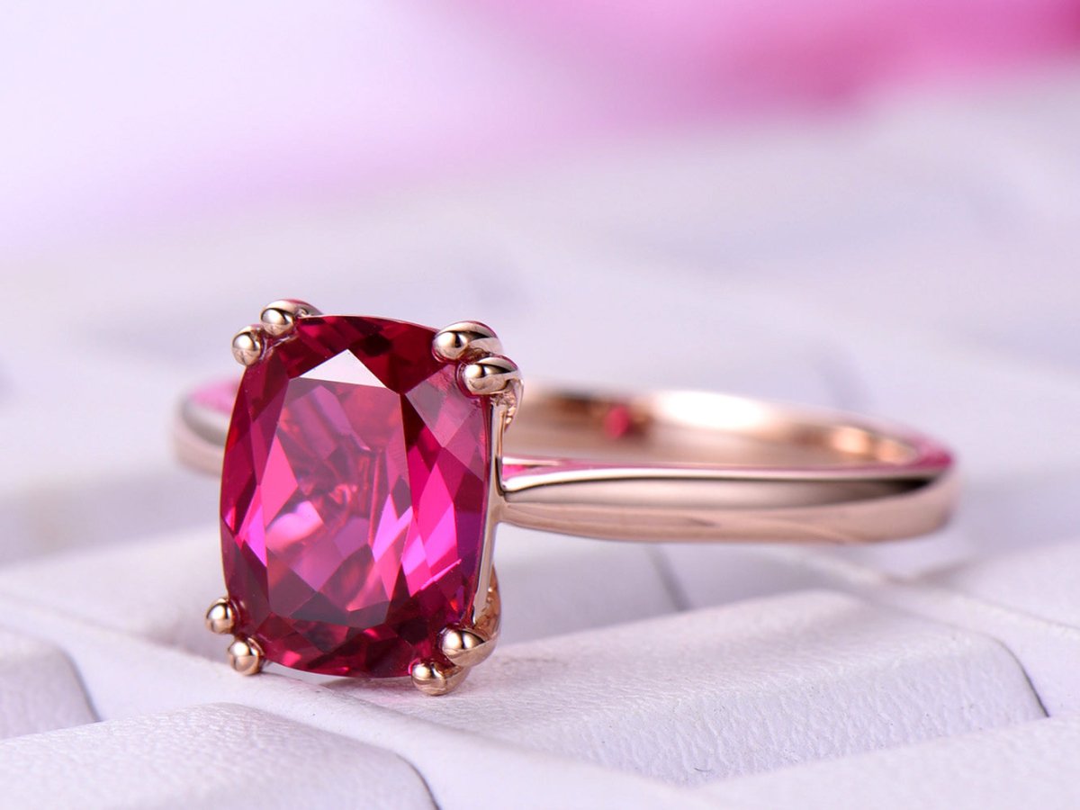 Cushion Ruby Solitaire Engagement Ring 14K Rose Gold - Lord of Gem Rings