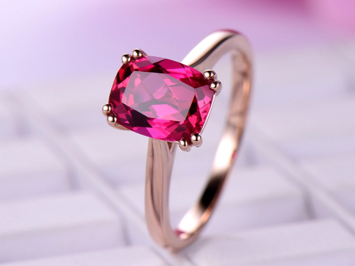 Cushion Ruby Solitaire Engagement Ring 14K Rose Gold - Lord of Gem Rings