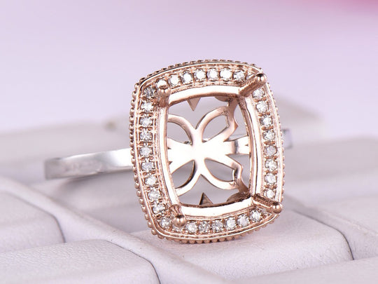 Cushion Semi Mount Diamond Halo 14K Two Tone Gold