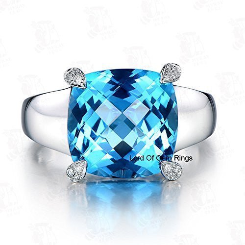 Cushion Swiss Blue Topaz Diamond on Prong Engagement Ring - Lord of Gem Rings