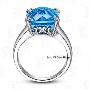 Cushion Swiss Blue Topaz Diamond on Prong Engagement Ring - Lord of Gem Rings