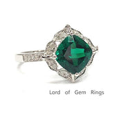 Cushion Treated Emerald Diamond Floral Halo Engagement Ring - Lord of Gem Rings