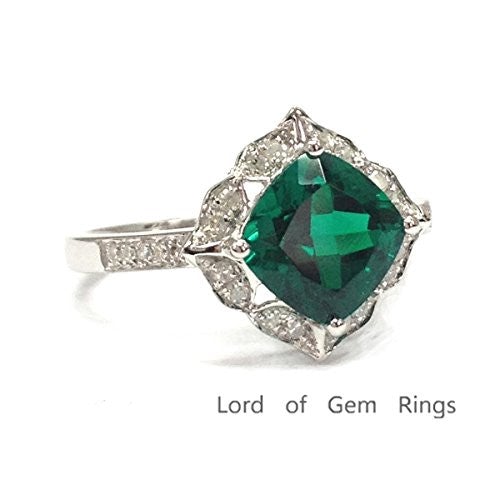 Cushion Treated Emerald Diamond Floral Halo Engagement Ring - Lord of Gem Rings