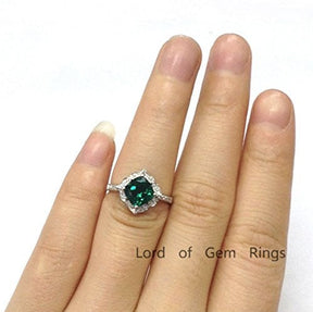 Cushion Treated Emerald Diamond Floral Halo Engagement Ring - Lord of Gem Rings