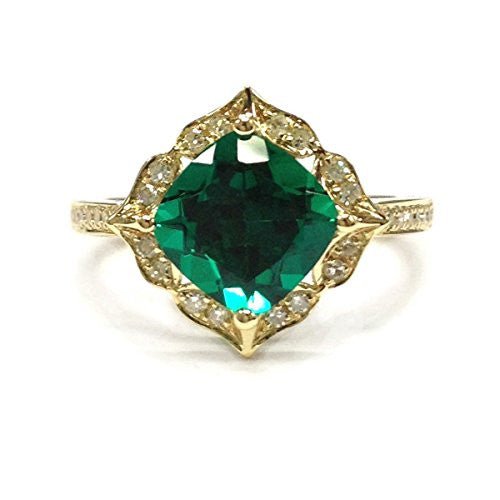 Cushion Treated Emerald Diamond Floral Halo Engagement Ring - Lord of Gem Rings