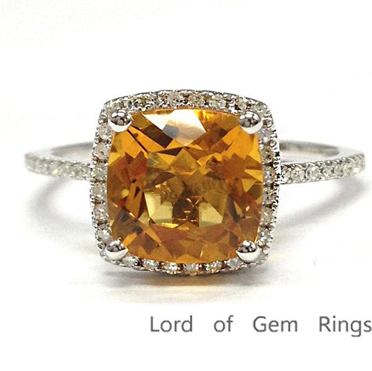 Cushion Yellow Citrine Halo Ring with Diamond Accents