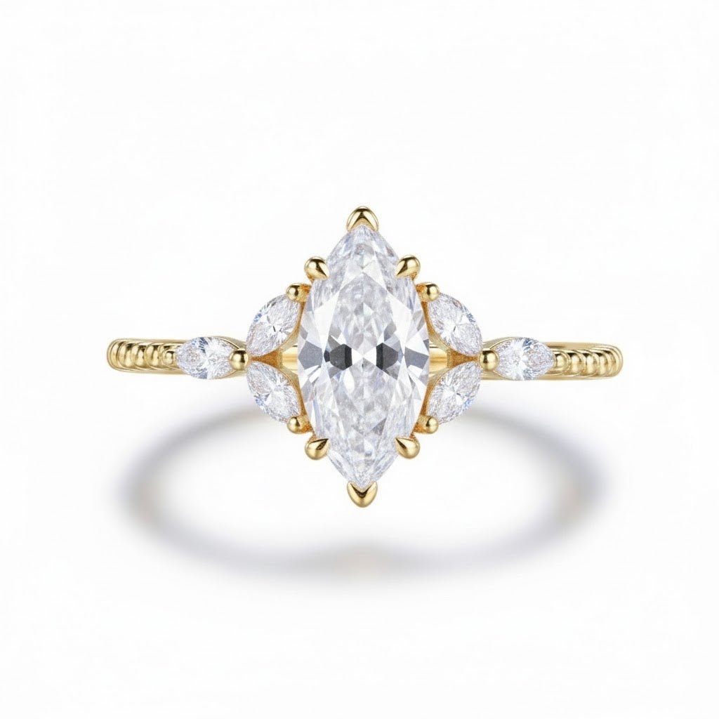Custom 2 Carat Marquise Moissanite Trio Accent Ball Ring 14K Gold - Lord of Gem Rings