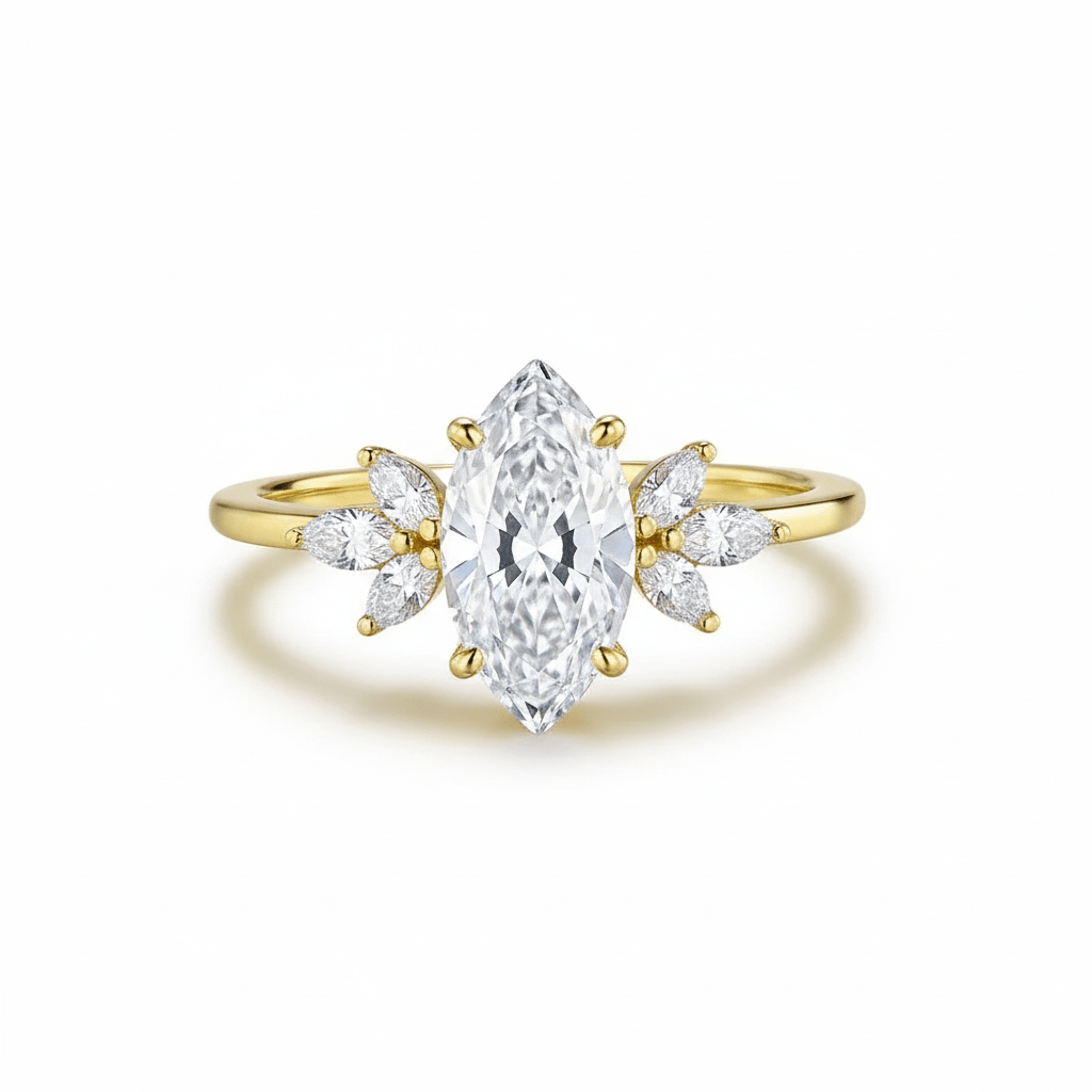 Custom 2 Carat Marquise Moissanite Trio Accent Ball Ring 14K Gold - Lord of Gem Rings