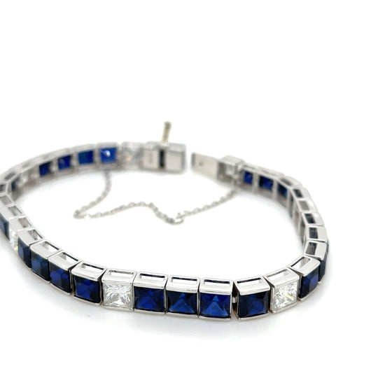 Custom 5mm Princess Blue Sapphire and Moissanite Tennis Bracelet 7 Inch