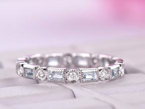 Custom Baguette Sapphire Diamond Eternity Wedding Ring 14k White Gold Milgrain - Lord of Gem Rings
