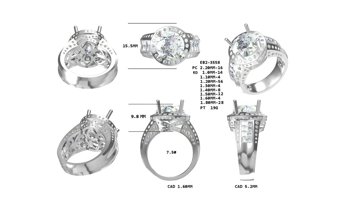 Custom Diamond Engagement Semi Mount Ring 14K White Gold Setting Round 11.17mm - Invisible Princess VS Diamonds - Lord of Gem Rings