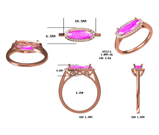 Custom East-West Set Oval Elongated Peach Morganite Ring Diamond Halo14K Rose Gold